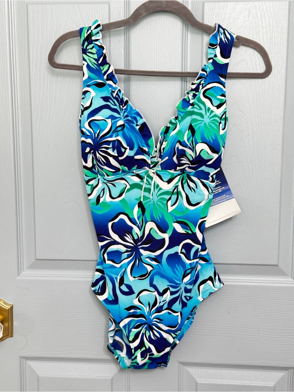 Gabar Swimsuit Blue Hawaiian Floral Print Ruffle Maillot 1 Piece Sz 12 NWT